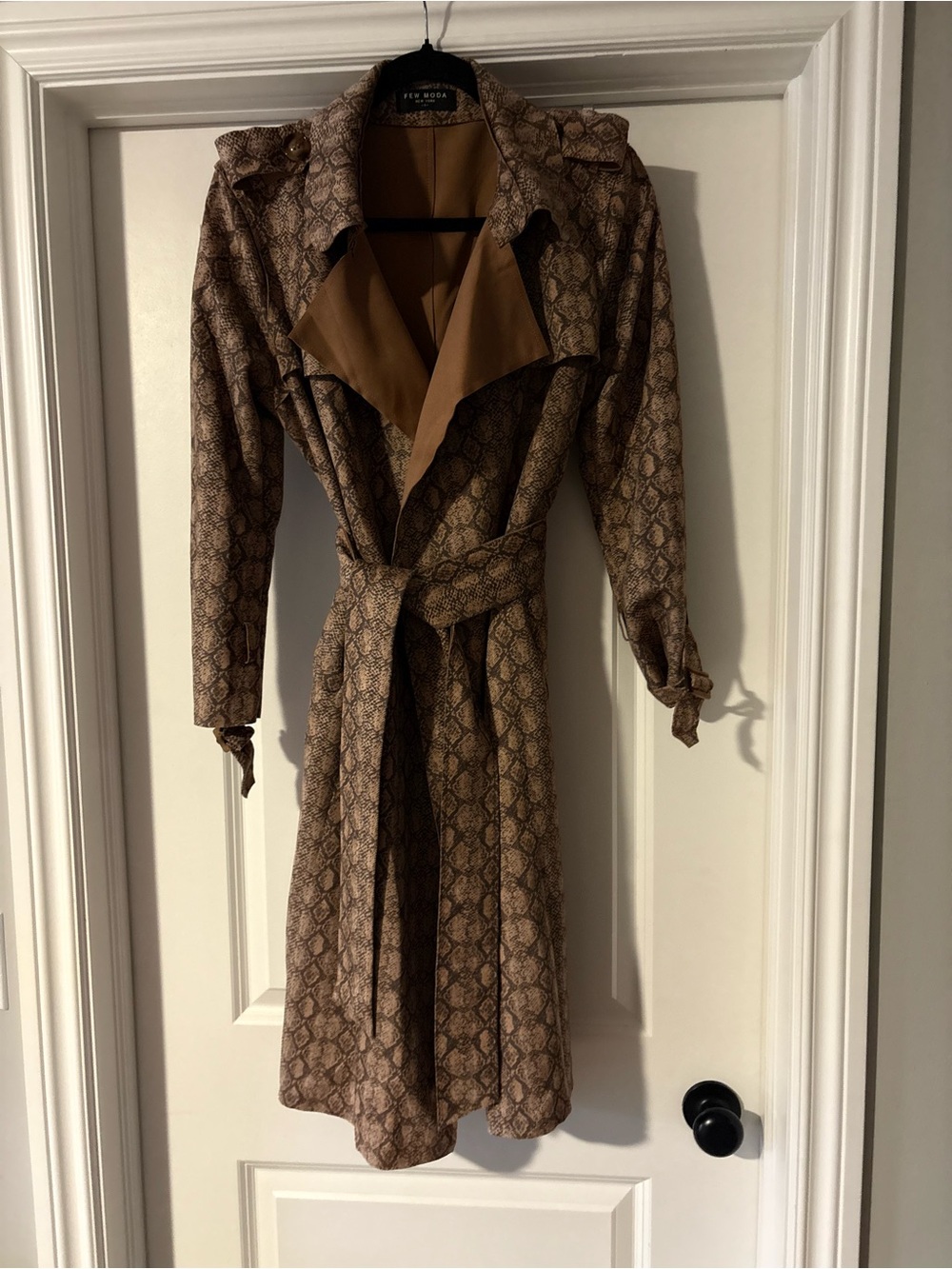 Snake-Print Brown Trench Coat with Waist Tie